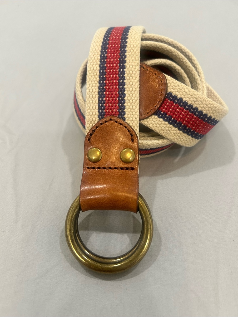 J. Crew Mens Belt Large D-Ring Made In USA Striped Canvas Italian Leather Golf